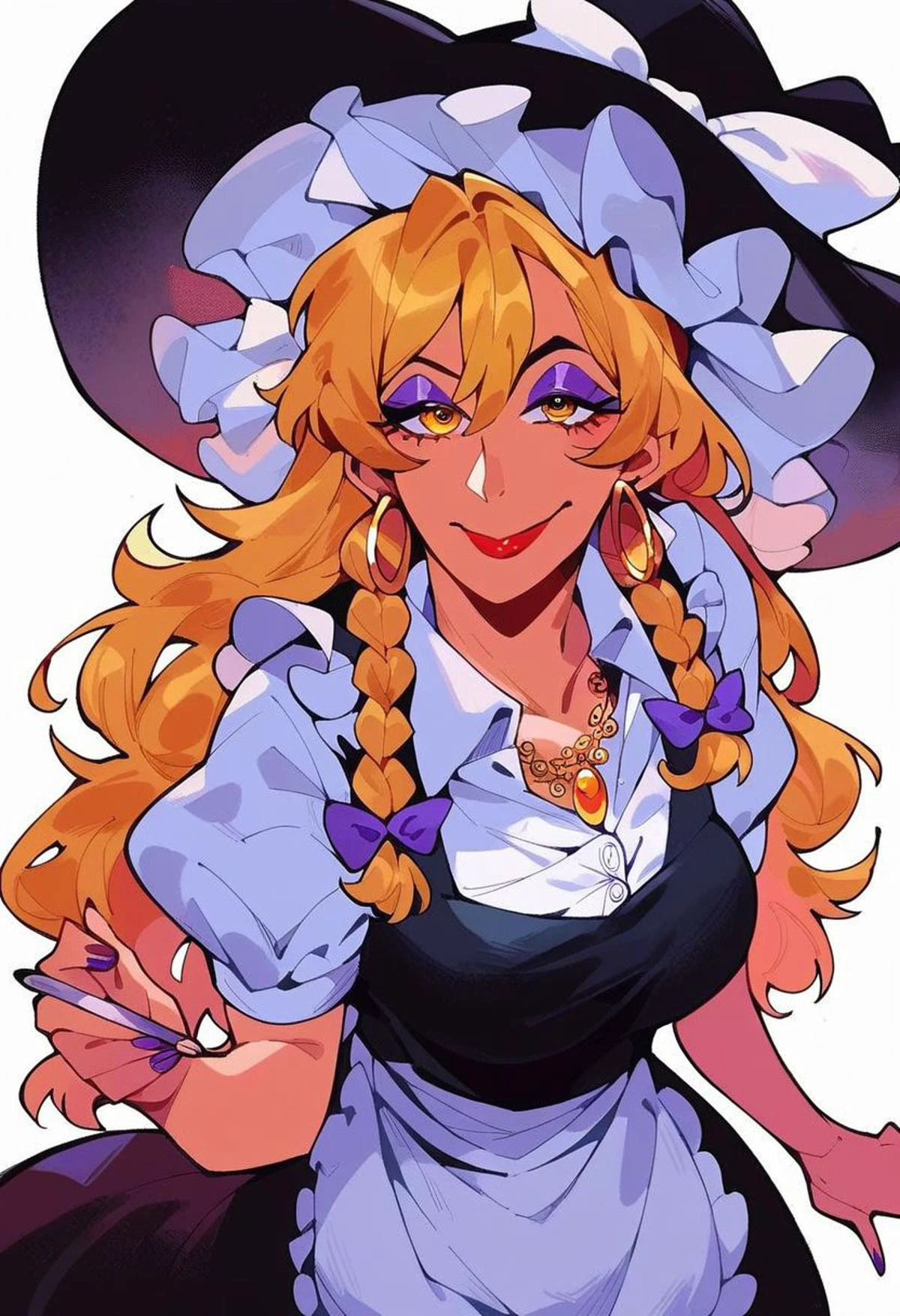 Score_9, score_8_up, score_7_up, score_6_up, score_5_up, score_4_up, source_anime, 1girl, solo, detailed eyes, kirisame marisa ,1girl,1girl, blonde hair, witch hat, yellow eyes, long hair, vest,apron, bow, short sleeves, hat bow, braid, puffy sleeves, skirt, makeup, lipstick, eyeshadow ,purple eyeshadow,red lipstick,horny smile, lusty face, horny, lusty,mature_female,(closed mouth),nail polish,necklace,jewelry,hoop earrings,