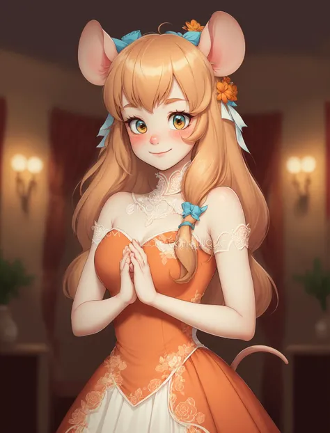 realistic, (cartoon), masterpiece, best quality, <lora:gadgethackwrench_10mb:0.85>, GadgetHackwrench,1girl,posing, cute, blushing, mouse ears,(intricate red formal dress), neklace, indoors, mouse tail,orange long hair, inside, ballroom, holding flower, crossed hands, hair ornament,