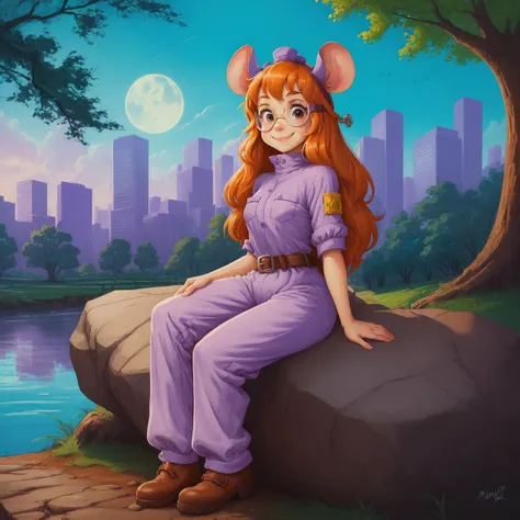 realistic, cartoon, masterpiece, best quality, <lora:gadgethackwrench_10mb:0.75>, GadgetHackwrench,1girl, (minigirl), outside,city park, sitting on rock, park, large oak in background, mouse ears, purple jumpsuit with leather belt,tail, long hair, smiling, goggles