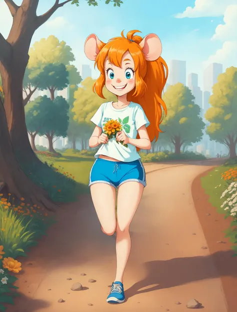 realistic, cartoon, masterpiece, best quality,  <lora:gadgethackwrench_10mb:0.75>, GadgetHackwrench,1girl, outside,city park,trees, mouse ears ,white print t-shit, shorts ,tail, long orange hair, ponytail,  smiling, jogging, flower patches, small rocks, benches