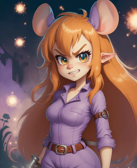 (cartoon), masterpiece, best quality, <lora:gadgethackwrench_10mb:0.75>, GadgetHackwrench,1girl, (minigirl),action pose, outside, mouse ears, purple jumpsuit with leather belt,tail, long hair, smiling,portrait, dutch nagle, particles, angry, solo, teeth, parted lips