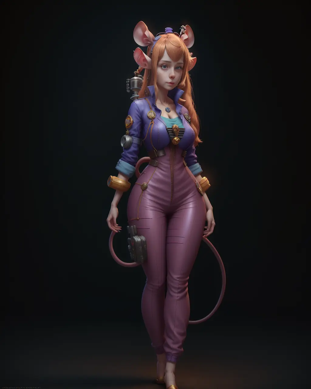 GadgetHackwrench with ears and long mouse tail
fullbody,, masterpiece, highres, photorealistic, best quality, perfect lighting, adult, mature, female, 1girl, 8k,  realistic, photo-realistic, ultra-detailed, fullbody    <lora:GadgetHackwrench_10mb:1>