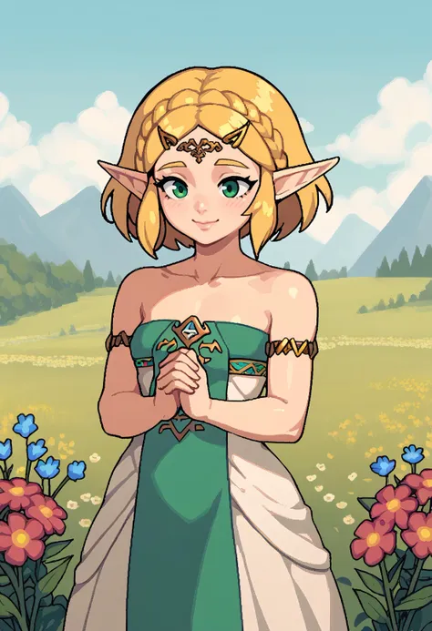 score_9, score_8_up, score_7_up, score_6_up BREAK outdoors,flowers,totkzeldadress, crown braid, circlet, pointy ears, green eyes, strapless dress, armlet, bare shoulders, collarbone,happy <lora:tloz_totkzelda_ponyXL:1>