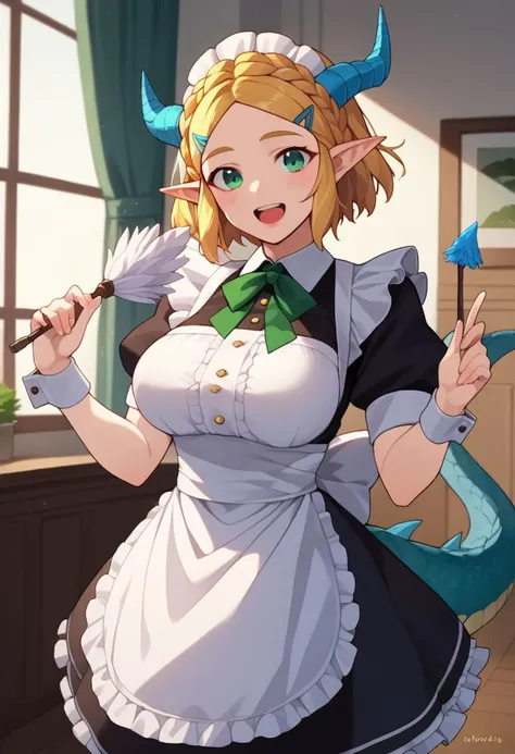 score_9, score_8_up, score_7_up, source_anime, solo, 1girl, totkzeladrnd, blush, smile, open mouth, upper teeth only, looking at viewer, holding feather duster, crown braid, hairclip, pointy ears, green eyes, maid, maid apron, maid headdress, frills, puffy sleeves, dragon horns, dragon tail, dragon girl, large breasts, indoors, living room