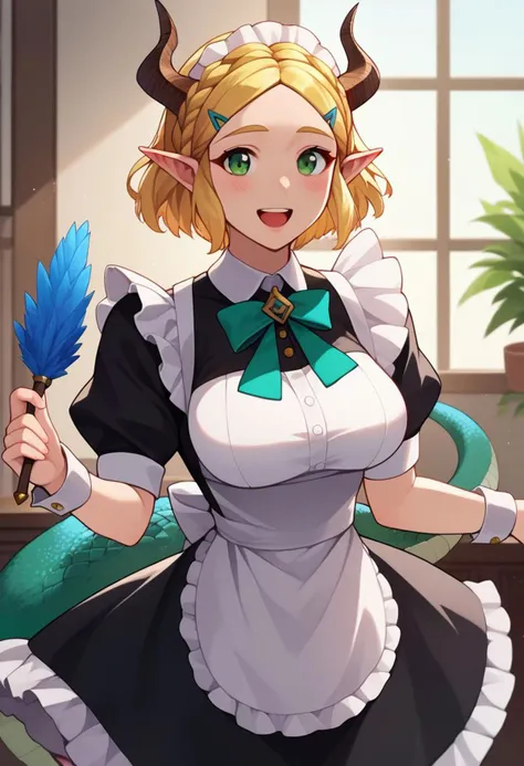 score_9, score_8_up, score_7_up, source_anime, solo, 1girl, totkzeladrnd, blush, smile, open mouth, upper teeth only, looking at viewer, holding feather duster, crown braid, hairclip, pointy ears, green eyes, maid, maid apron, maid headdress, frills, puffy sleeves, dragon horns, dragon tail, dragon girl, large breasts, indoors, living room