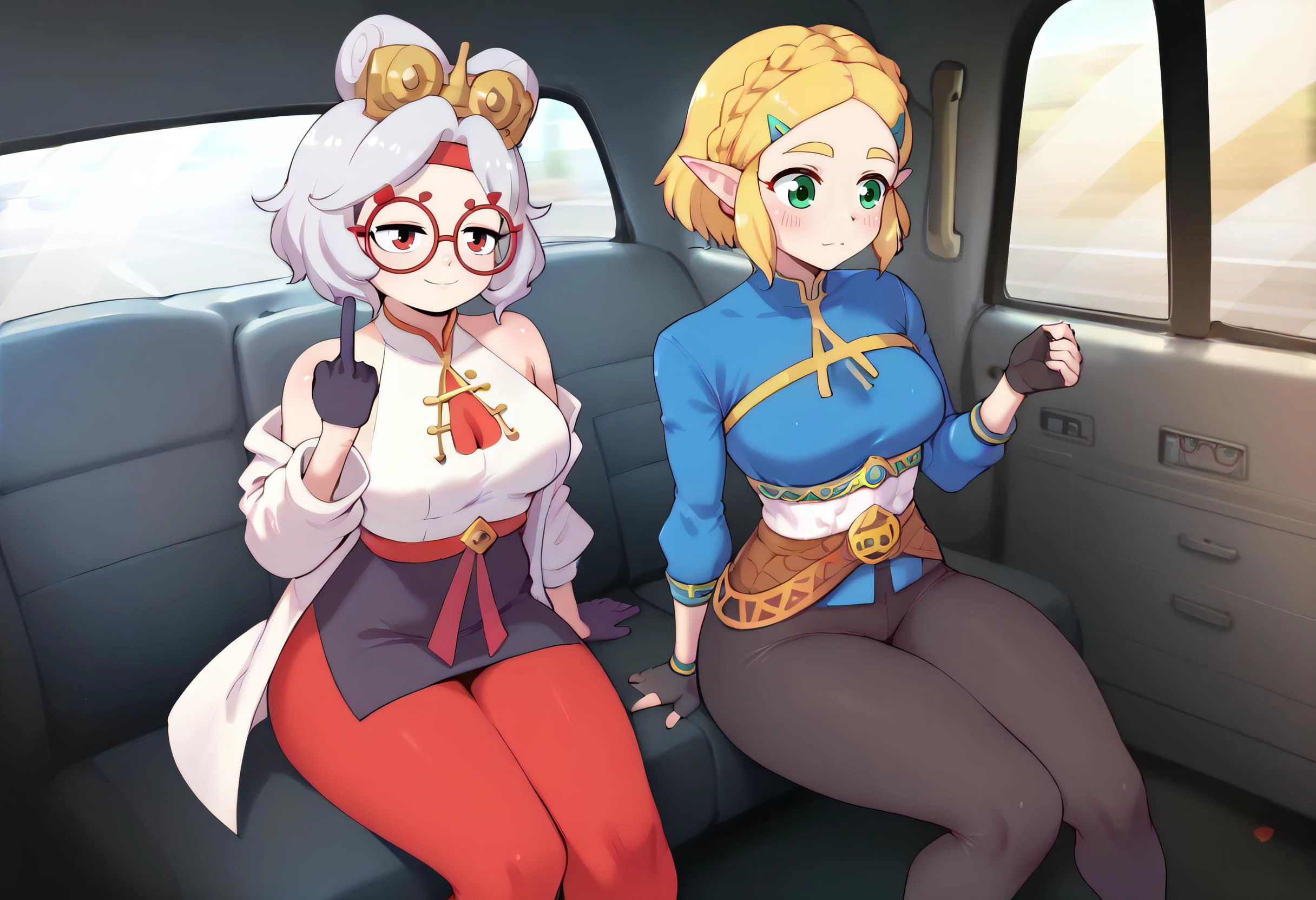 score_9, score_7_up, fake taxi, car interior, sitting, ground vehicle,2girls <lora:FakeTaxiMeme_XLPD:0.35>,
BREAK, <lora:purah-pdxl-nvwls-v1:0.8> purah,hair ornament, red headband, red glasses, sleeveless shirt, white coat, black skirt, red leggings, gloves,red,smug,closed mouth,middle finger,
BREAK <lora:tloz_totkzelda_ponyXL:0.8> totkzeldadef, crown braid, hairclip, pointy ears, green eyes, thick eyebrows, blue shirt, long sleeves, black gloves, fingerless gloves, black pants, tight pants, belt