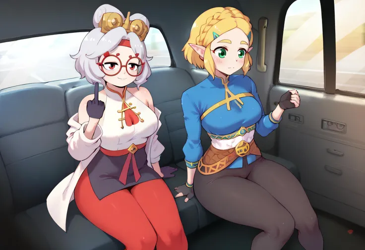 score_9, score_7_up,  fake taxi, car interior, sitting, ground vehicle,2girls <lora:FakeTaxiMeme_XLPD:0.35>,
BREAK,  <lora:purah-pdxl-nvwls-v1:0.8> purah,hair ornament, red headband, red glasses, sleeveless shirt, white coat, black skirt, red leggings, gloves,red,smug,closed mouth,middle finger,
BREAK <lora:tloz_totkzelda_ponyXL:0.8> totkzeldadef, crown braid, hairclip, pointy ears, green eyes, thick eyebrows, blue shirt, long sleeves, black gloves, fingerless gloves, black pants, tight pants, belt