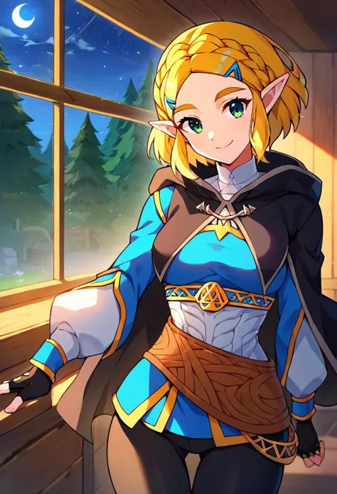score_9, score_8_up, score_7_up, source_anime, prefect lighting, very aesthetic, intricate details, highly detailed background, masterpiece, high quality, prefect hands, best quality, <lora:tloz_totkzelda_ponyXL:1> , 1girl, solo, totkzeldadef, blonde hair, crown braid, hairclip, pointy ears, green eyes, thick eyebrows, black cape, hooded cape, blue shirt, long sleeves, black gloves, fingerless gloves, black pants, tight pants, belt, smile, medium breasts, indoors, cabin, night