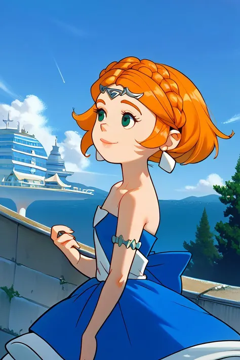 score_9, score_8_up, score_8_up, ,TheJetsons_Style,source_anime, solo, 1girl, totkzeldadress, smile, looking away, crown braid, circlet, green eyes, strapless dress, armlet, bare shoulders, collarbone, outdoors<lora:EMS-367949-EMS:1.000000>, <lora:EMS-418600-EMS:0.800000>