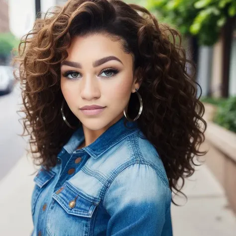 Picture, best quality, a woman in city, photo of beautiful ZC<lora:ZC:1.0>, casual, brown eyes, curly hair, make up, looking at viewer, perfect face, perfect eyes, sharp focus, Intricate, High Detail, dramatic, photorealistic,