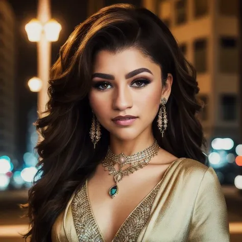 Picture, best quality, a woman in city at night, photo of beautiful ZC<lora:ZC:1.0>, night dress, brown eyes, make up, jewlery, looking at viewer, perfect face, perfect eyes, sharp focus, Intricate, High Detail, dramatic, photorealistic,