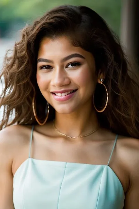 Realistic photo of a beautiful z3nd4y4c-v2 woman,1girl, solo, long hair, looking at viewer, smile, brown hair, curly hair, brown eyes, jewelry, upper body, earrings, lips, realistic, soft lighting, professional Photography, Photorealistic, detailed, RAW, analog, sharp focus, 8k, HD, DSLR, high quality, Fujifilm XT3, film grain, award winning, masterpiece<lora:z3nd4y4c-v2:1.0>
