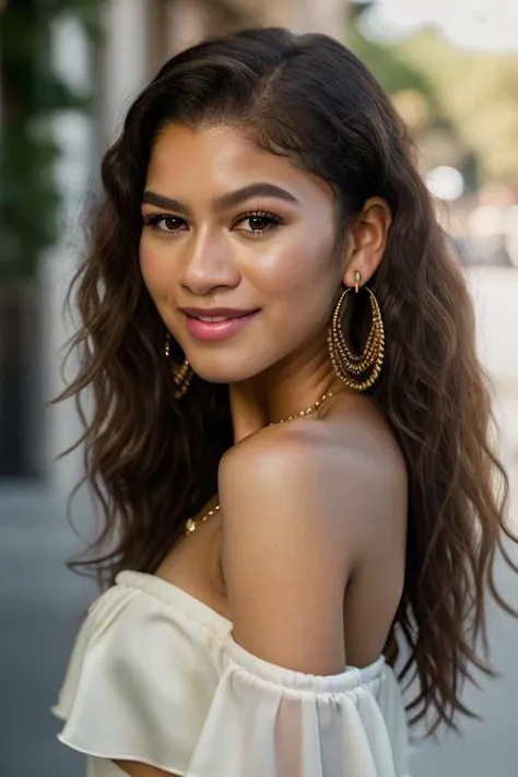 Realistic photo of a beautiful z3nd4y4c-v2 woman, 1girl, solo, long hair, smile, black hair, bare shoulders, brown eyes, jewelry, earrings, lips, wavy hair, curly hair, realistic, soft lighting, professional Photography, Photorealistic, detailed, RAW, analog, sharp focus, 8k, HD, DSLR, high quality, Fujifilm XT3, film grain, award winning, masterpiece<lora:z3nd4y4c-v2:1.0>