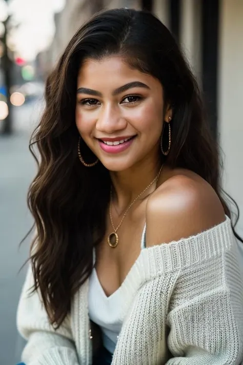 Realistic photo of a beautiful z3nd4y4c-v2 woman, 1girl, solo, long hair, looking at viewer, smile, brown hair, curly hair, shirt, bare shoulders, brown eyes, jewelry, upper body, earrings, parted lips, teeth, off shoulder, blurry, lips, looking to the side, blurry background, realistic, off-shoulder shirt, soft lighting, professional Photography, Photorealistic, detailed, RAW, analog, sharp focus, 8k, HD, DSLR, high quality, Fujifilm XT3, film grain, award winning, masterpiece<lora:z3nd4y4c-v2:1.0>