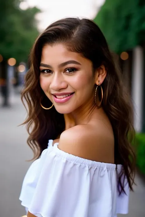 Realistic photo of a beautiful z3nd4y4c-v2 woman,  1girl, solo, long hair, looking at viewer, smile, brown hair, curly hair, shirt, bare shoulders, brown eyes, jewelry, upper body, earrings, parted lips, teeth, off shoulder, blurry, lips, looking to the side, blurry background, realistic, off-shoulder shirt, soft lighting, professional Photography, Photorealistic, detailed, RAW, analog, sharp focus, 8k, HD, DSLR, high quality, Fujifilm XT3, film grain, award winning, masterpiece<lora:z3nd4y4c-v2:1.0>