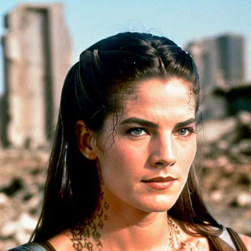 RAW photo, a close up portrait photo of terry farrell in wastelander clothes, long haircut, pale skin, slim body, background is city ruins, (high detailed skin:1.2), 8k uhd, dslr, soft lighting, high quality, film grain, Fujifilm XT3
<lora:terry farrell as dax v1.1:1>