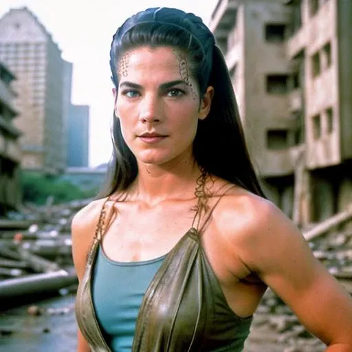 RAW photo, a close up portrait photo of terry farrell in wastelander clothes, long haircut, pale skin, slim body, background is city ruins, (high detailed skin:1.2), 8k uhd, dslr, soft lighting, high quality, film grain, Fujifilm XT3
<lora:terry farrell as dax v1.1:1>