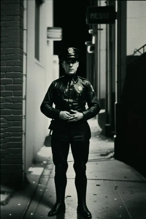 <lora:DystopianNudes:0.9> dystopiannudes, photo of a police officer, dark alley