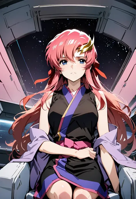 masterpiece,best quality,1girl,solo,lacus clyne,gundam seed,grey eyes,pink hair,long hair,bangs,hair ornament,japanese clothes,black sleeveless kimono,bare shoulders,red hair ribbon,<lora:SDXL_LORA_CHARACTER_LACUS CLYNE_V1A:1>,spacecraft,inside the spaceship,indoors,chair,upper row,serious,sitting,arched_back,front view,full_shot,from_below,