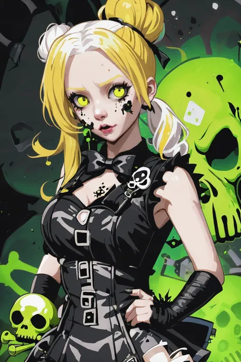 fantasy, (toxic:2), <lora:EnvyToxicXL01:1.5><lora:EnvySendNoodzXL01:-1>1girl, woman, punk rocker sweet girl, cute, [:formal costume design,:0.2], bombshell punk hair, white hair, Bow Bun, leather skirt, bombshell hair, muted yellow hair, side ponytail, average figure, albino<lora:EnvyBetterHiresFixXL01:0:hr=1>