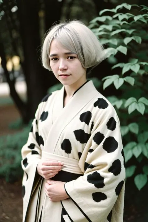 (old color photo) of young woman, wearing kimono, (cow print), (white hair), bob cut,analog style, modelshoot style, 35mm, vignette, intricate detail, film grain, portra, <lora:cowPrint_v10:1.1>