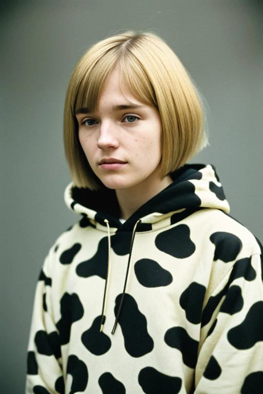 (old color photo) of young woman, wearing hoodie, (cow print), blonde hair, bob cut,analog style, modelshoot style, 35mm, vignette, intricate detail, film grain, portra, <lora:cowPrint_v10:1>