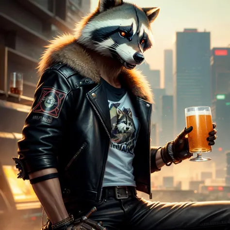 best quality, masterpiece, (raccoon on a motorbike, cyberpunk clothing, band t-shirt, leather jacket, holding a glass mug of ale, (detailed fur)), volumetric lighting, backlit, cyberpunk style