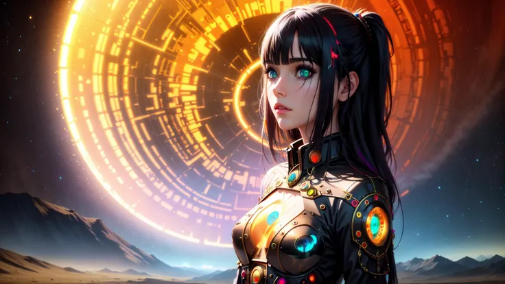 best quality, masterpiece, cinematic, realistic, <lora:cosmicRainbow_v1:1>, solar punk, 1girl