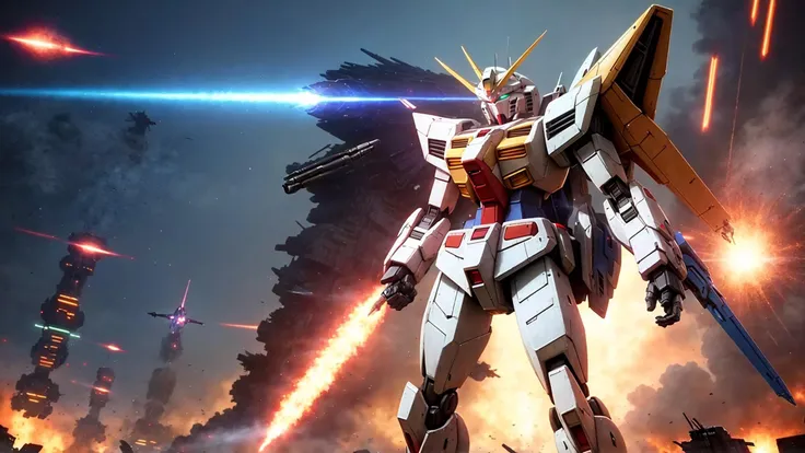 best quality, masterpiece, volumetric lighting, sidelighting, futuristic style, robot, (gundam), background explosions, battleground, destroyed city, orbital cannon
