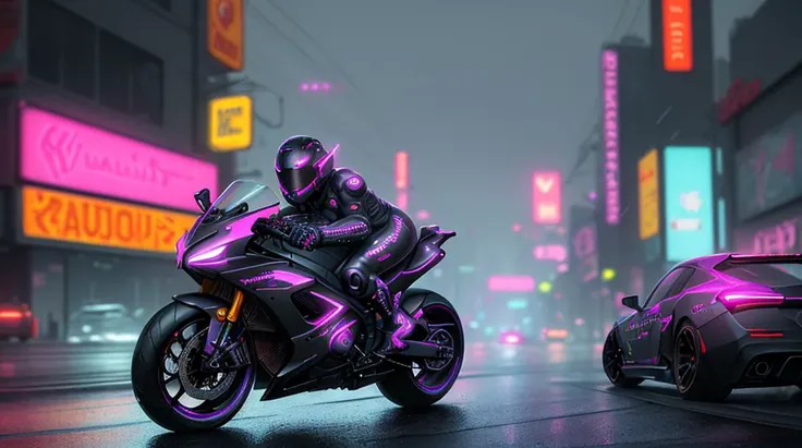 best quality, masterpiece, amazing absurdres, cyberpunk city, neon motorcycle driving through the game fields, neon, volumetric lighting, black sky, raining
