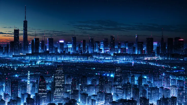 lofi, silhouette city, city lights, night, stars, skyscrapers, blue theme, calming, best quality, masterpiece, absurd res, high resolution, very detailed, trending on pixiv, octans,  <lora:[LoHa] Octanså«åå Stylev2:1> <lora:more_details:0.55>