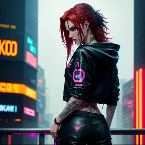 best quality, masterpiece, cinematic, realistic, cyberpunk, cyberpunk city, neon, volumetric lighting, black sky, (raining, thunderstorm), 1girl, (cyberpunk clothing, hoodie, pants, punk clothes), (flowing red hair), water reflecting off ground, from behind, ((hidden face)), tattoo,