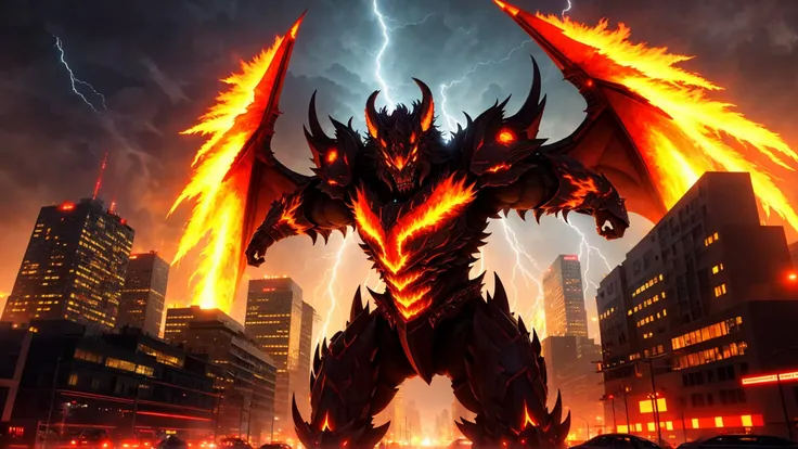 best quality, masterpiece, volumetric lighting, sidelighting, giant chimaera rampaging through a city, fire, explosions, night, thunderstorm