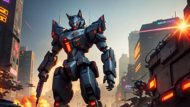 best quality, masterpiece, volumetric lighting, sidelighting, cyberpunk style, robot, battle wolf, mech, thrusters, guns, background explosions, battleground, destroyed city