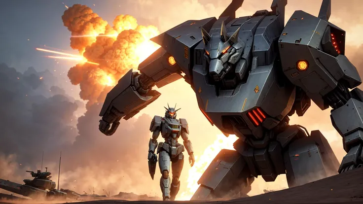volumetric lighting, best quality, masterpiece, mecha, battleground, wolf bot, explosions in background, war-torn landscape