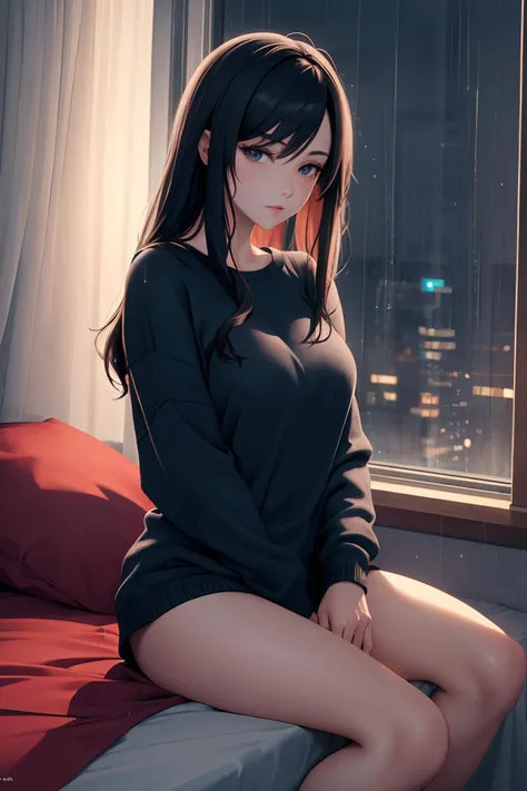masterpiece, best quality, 8k, artstation, wallpaper, official art, splash art, sharp focus, beautiful woman, wearing comfy clothes. sitting by window, looking out window, at night. rainy night. ((in cozy bedroom)), (solo)