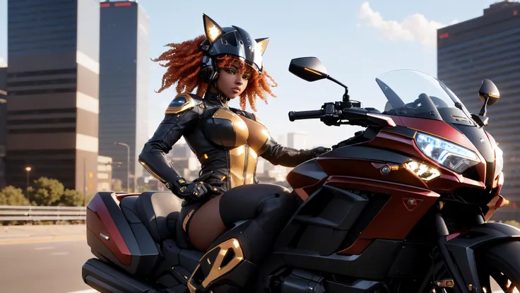 (extremely detailed CG Unity 8k wallpaper:1.1), black woman rider, cat head helmet, sexy, busty, skin-tight leather, red curly hair, epic composition, highly detailed background, NSFW, cyberpunk, cyberpunk city, (Honda Gold Wing motorcycle:1.1) driving, action shot, blur, sharp on target, volumetric lighting, golden hour, rim lighting