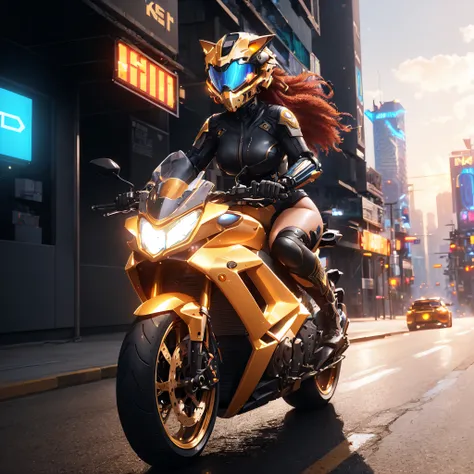 (extremely detailed CG Unity 8k wallpaper:1.1), epic composition, highly detailed background, nsfw, cyberpunk, cyberpunk city, futuristic motorcycle driving, action shot, blur, sharp on target, volumetric lighting, golden hour, rim lighting, woman rider, cat head helmet, sexy, busty, skin tight leather, flowing red hair