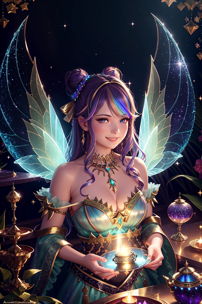 Style-PotionMagic-2000, masterpiece character concept art, best quality, a beautiful woman with glowing symmetrical fairy wings in a mystical lagoon with high vegetation at night, intricate blue (translucent:1.2) dress, hair bun, hair ribbon, rainbow hair, intricate mystical multicolor (air sparkles:1.2), smiling, laughing, looking at viewer, orange eyes, intricate jewelry at night, dark, low light, no natural lighting, air sparkle illumination Realism, 8K, absurdres, dramatic shadows, high contrast, depth of field, sharp focus, high resolution