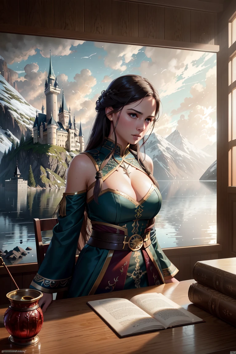 modelshoot style, (extremely detailed CG unity 8k wallpaper), full shot body photo of the most beautiful artwork in the world, majestic nordic fjord with a fairy tale castle, professional majestic oil painting by Ed Blinkey, Atey Ghailan, Studio Ghibli, by Jeremy Mann, Greg Manchess, Antonio Moro, trending on ArtStation, trending on CGSociety, Intricate, High Detail, Sharp focus, dramatic, photorealistic painting art by midjourney and greg rutkowski