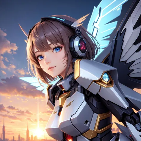 best quality, masterpiece, cinematic, volumetric lighting, sidelighting, mecha, 1girl, mecha musume, wings, detailed face, detailed eyes, fine detail,