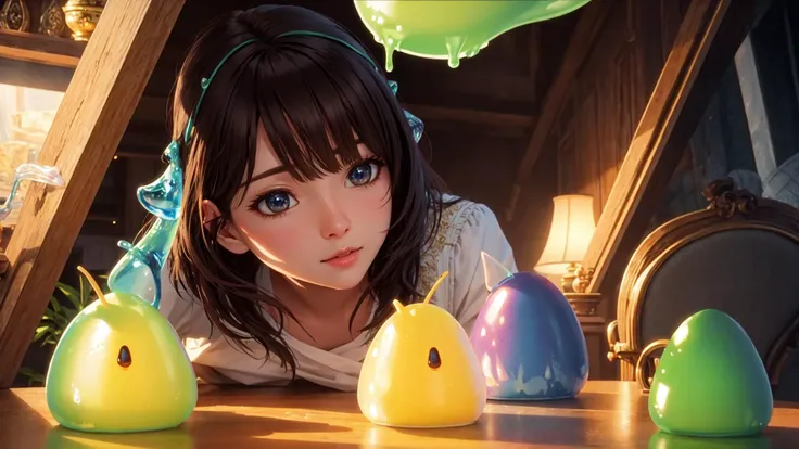 best quality, masterpiece, cinematic, volumetric lighting, realistic, fine detail, detailed face, cute slime