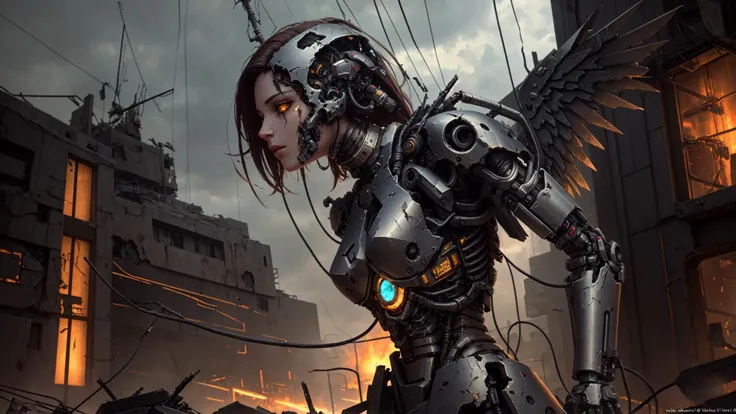 best quality, masterpiece, cinematic, volumetric lighting, sidelighting, 1girl, android, cyborg, mechanical wings, (battle damaged, heavily damaged), dark, sad, raining, abandoned, (oil, loose wires, exposed metal parts), apocalyptic, extreme detail, detailed face, detailed eyes,