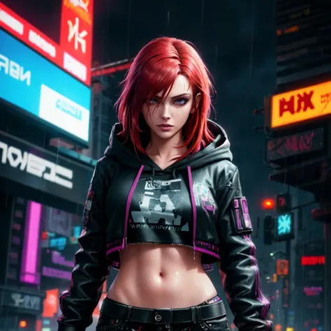 best quality, masterpiece, cinematic, realistic, cyberpunk, cyberpunk city, neon, volumetric lighting, black sky, (raining, thunderstorm), 1girl, (cyberpunk clothing, hoodie, pants, punk clothes), (flowing red hair), water reflecting off ground, ((hidden face)), close up, (torn clothes), bubble butt,