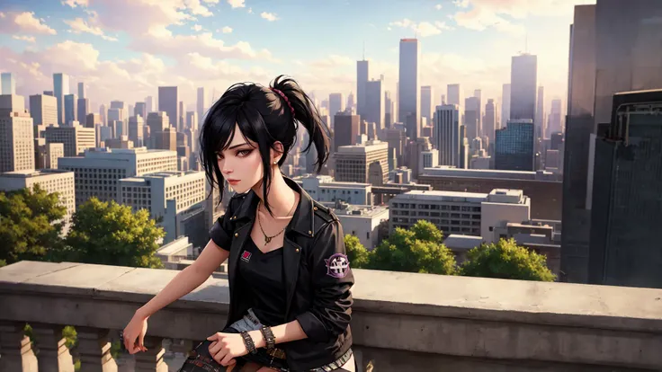 best quality, masterpiece, cinematic, 1girl, punk, black hair, fine detail, realistic, leaning on a railing, skyline