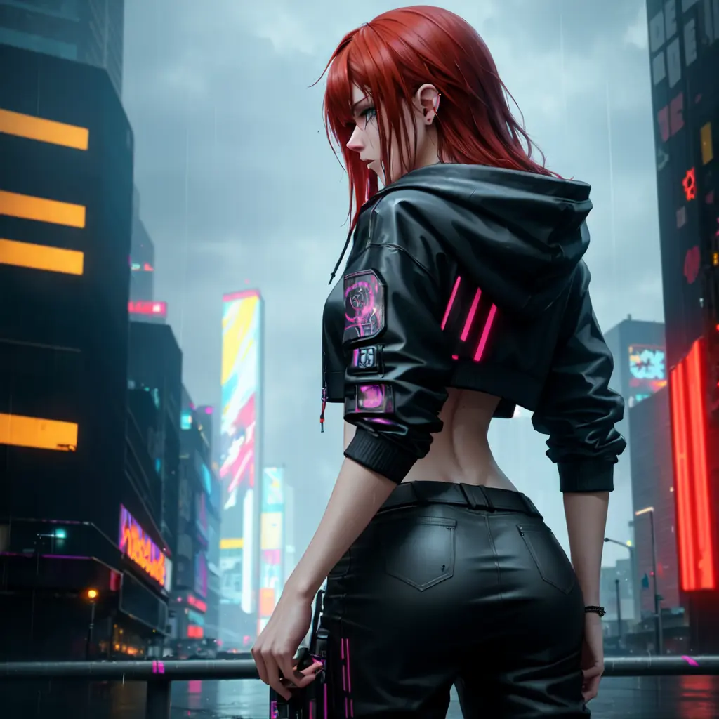 best quality, masterpiece, cinematic, realistic, cyberpunk, cyberpunk city, neon, volumetric lighting, black sky, (raining, thunderstorm), 1girl, (cyberpunk clothing, hoodie, pants, punk clothes), (flowing red hair), water reflecting off ground, from behind, ((hidden face)),