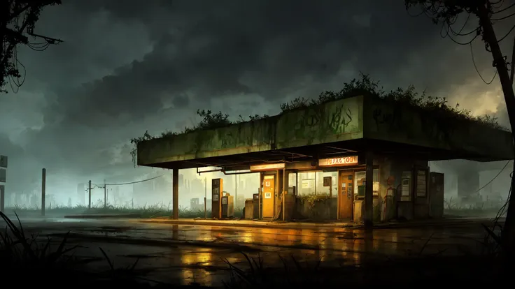 best quality, masterpiece, cinematic, horror, sinister, abandoned gas station, overgrown, vegetation, moist, damp, night, dark, volumetric fog