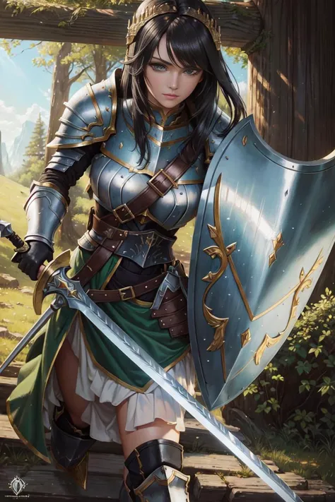 {Oil Painting}, Ultra-detailed Illustration of Female Paladin, 1girl, Solo, Fantasy, 
Black Hair, green eyes,
Heavy armor, Metal Armor, Sword, Shield, 
Nature, Forest, Trees, beautiful day, blue sky, 
Dynamic Lighting,