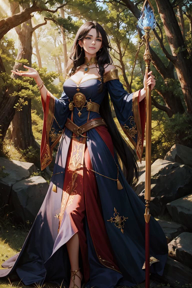 {Oil Painting}, Ultra-detailed Illustration of Female Mage|Sorceress, 1girl, Solo, Fantasy, (8k resolution), 8k, 8kres, 8k res, absurdres, high resolution, super resolution,
Black hair, Green eyes, long hair, Detailed face, Smiling,
Ornate Red Dress, Jewelry, belt, Amulet,
Casting spell, Fire, Fire Magic, Smoke,
Forest, Nature, Beautiful day, Blue sky, trees, rocks,
Sunlight, Natural Lighting,