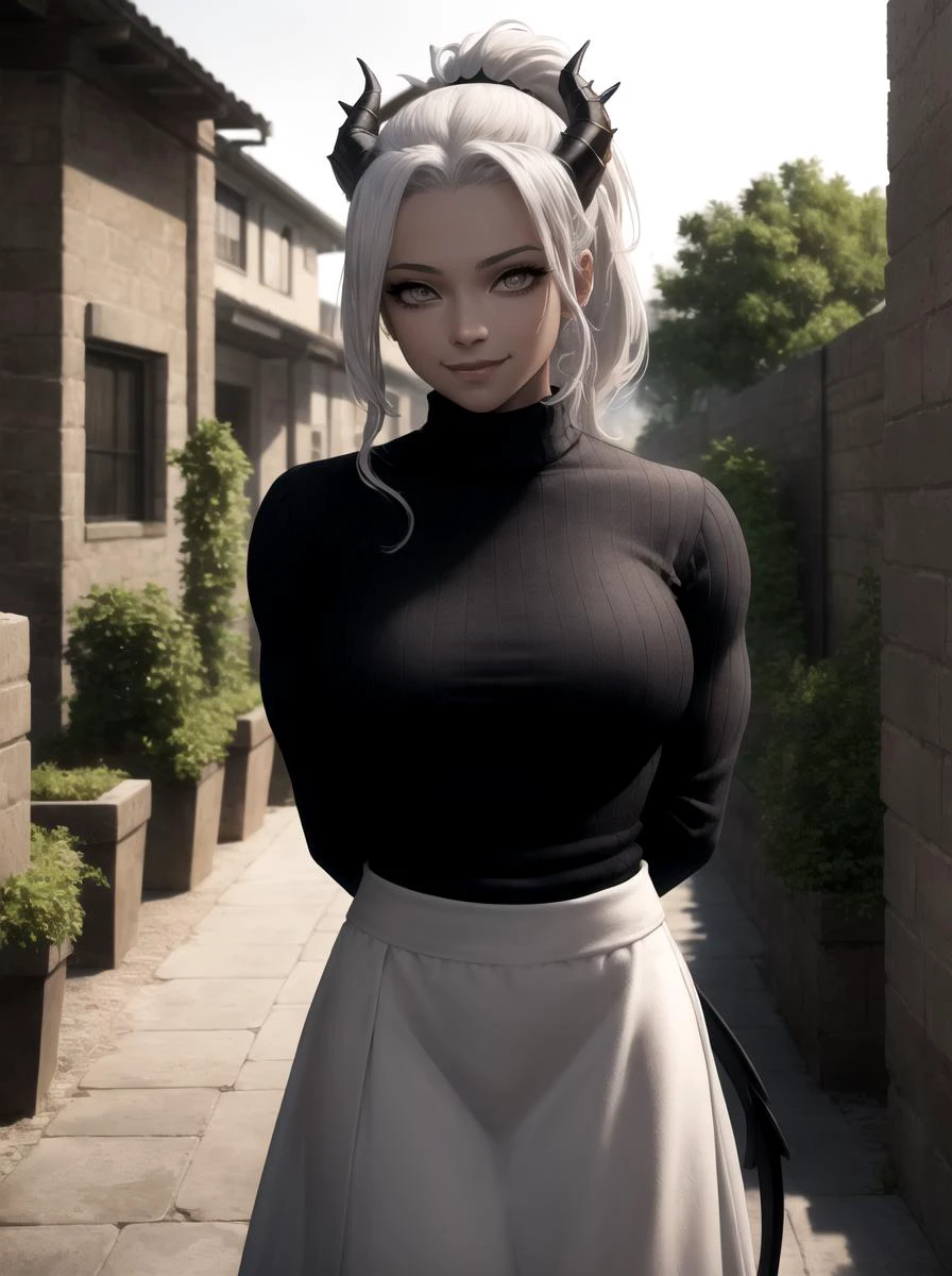 masterpiece, best quality, absurdres, perfect antomy, 1girl, solo, Judgement, colored skin, horns, tail, long hair, ponytail, large breasts, outdoors, garden, long skirt, ribbed sweater, grey sweater, arms behind back, smile, mature looking, slightly muscular, <lora:judgementHelltaker_v10:0.9>, best quality,highly detailed,masterpiece,ultra-detailed, detailed matte painting, unreal engine render, 8k, dramatic